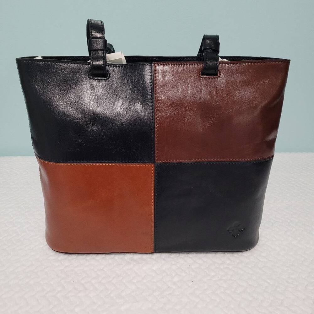Patricia Nash Braden Colorblock Leather Tote Bag Black and Tan Handbag NEW